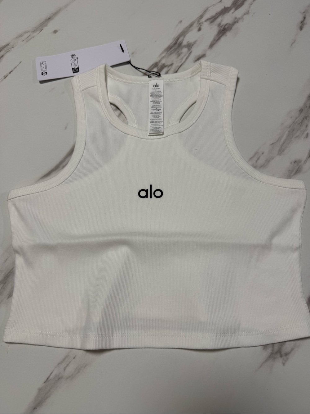 ALO Yoga White Ribbed Cropped Tank Top with Black Logo